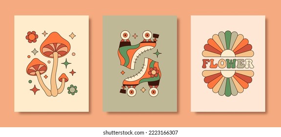 Groovy Hippie 70s Posters Set. Vector Psychedelic Background: Mushrooms, Rollers, Daisy Flower in Retro Cartoon Style for T-Shirts Prints, Wall Art, Case Phone, Note Cover, Flyer, Cards, Social Media