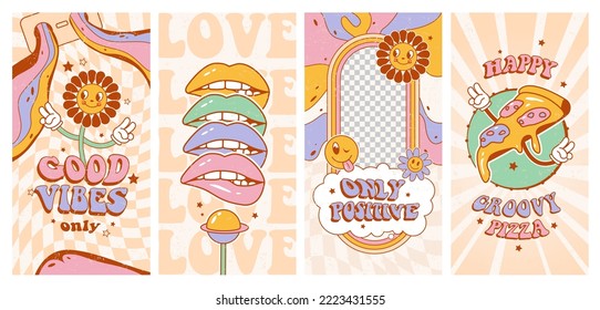 Groovy hippie 70s posters set. Good vibes. Funny flowers, pizza, lips, love in trendy retro psychedelic cartoon style.