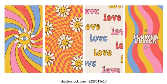 Groovy hippie 70s posters set. Funny cartoon flower power, rainbow, love, daisy, distorted checkered background. Vector cards in trendy retro psychedelic cartoon style.