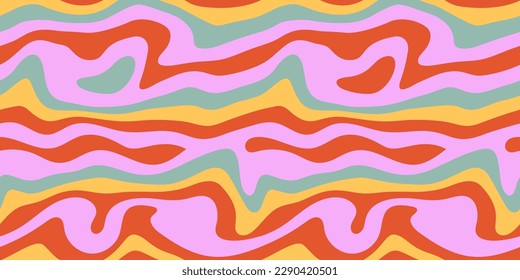 Groovy Hippie 70s Psychedelic Curved Horizontal Background. Vector Striped Seamless Pattern in Trendy Seventies Style for Web Design, Social Media. Retro Color Palette