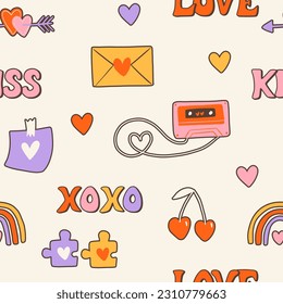 Groovy hippie 70s seamless pattern. Funny cartoon elements etc. Vector cards in trendy retro psychedelic cartoon style. Vector backgrounds. Stay groovy. Good vibes.