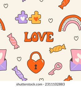 Groovy hippie 70s seamless pattern. Funny cartoon elements etc. Vector cards in trendy retro psychedelic cartoon style. Vector backgrounds. Stay groovy. Good vibes.