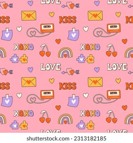 Groovy hippie 70s seamless pattern. Funny cartoon elements etc. Vector cards in trendy retro psychedelic cartoon style. Vector backgrounds. Stay groovy. Good vibes.