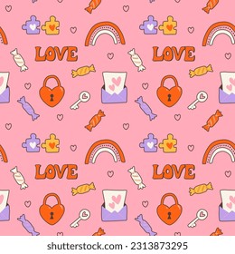 Groovy hippie 70s seamless pattern. Funny cartoon elements etc. Vector cards in trendy retro psychedelic cartoon style. Vector backgrounds. Stay groovy. Good vibes.
