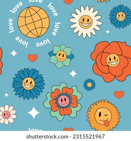 Groovy hippie 70s seamless pattern. Funny cartoon flower,  peace, Love, heart, daisy. Sticker pack in trendy retro psychedelic cartoon style. Isolated vector illustration. 