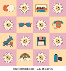 Groovy hippie 70s seamless pattern. Funny cartoon flower,  daisy,glasses, phone, lips, film, disk. Sticker pack in trendy retro cartoon style. Yellow-pink geometric background.