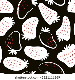 Groovy hippie 70s seamless pattern with strawberries. Funny cartoon elements etc. Vector cards in trendy retro psychedelic cartoon style. Vector backgrounds. Stay groovy. Good vibes.