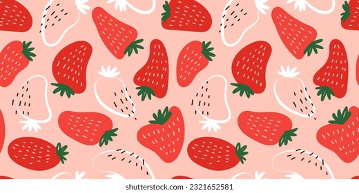 Groovy hippie 70s seamless pattern with strawberries. Funny cartoon elements etc. Vector cards in trendy retro psychedelic cartoon style. Vector backgrounds. Stay groovy. Good vibes.