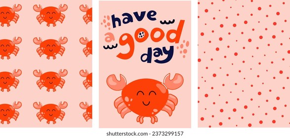 Groovy hippie 70s seamless pattern with crab. Vector cards in trendy retro psychedelic cartoon style. Vector backgrounds set. Good vibes funny cartoon elements. Flat design sea  print illustration.