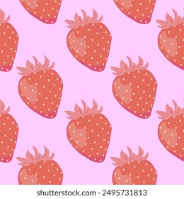 Groovy hippie 70s seamless pattern with strawberry. Vector card in trendy retro psychedelic cartoon style. Flat design food print illustration. Strawberry seamless pattern on light pink background.