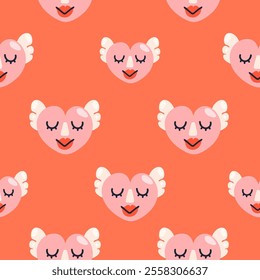 Groovy hippie 70s seamless pattern with adorable smiling heart. Vector cards in trendy retro psychedelic cartoon style. Good vibes funny cartoon elements. Flat design love print illustration.