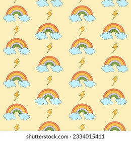 Groovy hippie 70s seamless vector pattern. Cartoon funny retro style. Rainbow and flash.Trendy background