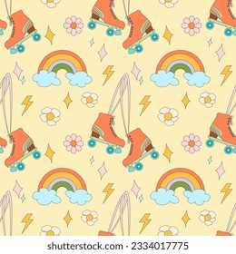 Groovy hippie 70s seamless vector pattern. Cartoon funny retro style. Trendy background with rainbow, roller skates, flower, flash