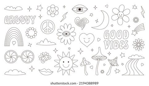 Groovy hippie 70s set. Black line, linear art. Funny cartoon flower, rainbow, world, love, heart, daisy, mushroom, etc. A set of stickers in a fashionable retro psychedelic cartoon style. 