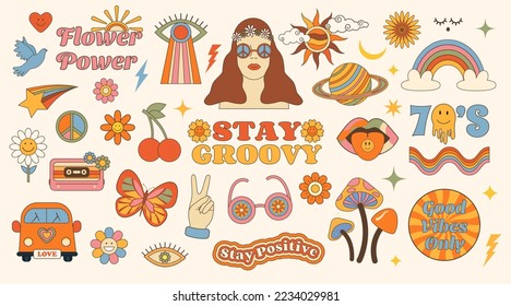 Groovy hippie 70s set of elements. Girl, daisy flowers, mushroom, love, sunshine, lips, rainbow, bus etc. Sticker pack in retro cartoon style. Good vibes, flower power symbols. Vector clipart