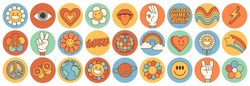 Groovy Hippie 70s Set. Funny Cartoon Flower, Rainbow, Peace, Love, Heart, Daisy, Mushroom Etc. Sticker Pack In Trendy Retro Psychedelic Cartoon Style. Isolated Vector Illustration. Flower Power.