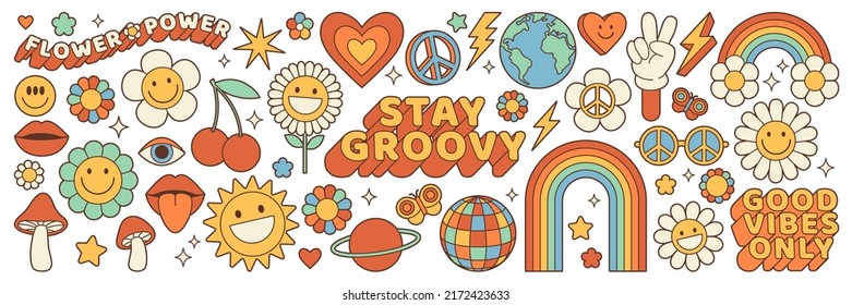 Groovy hippie 70s set  Funny cartoon flower  rainbow  peace  Love  heart  daisy  mushroom etc  Sticker pack in trendy retro psychedelic cartoon style  Isolated vector illustration  Flower power 