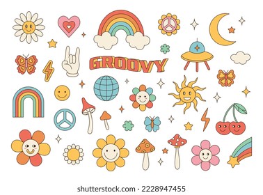 Groovy hippie 70s set. Funny cartoon flower, rainbow, peace, Love, heart, daisy, mushroom etc. Sticker pack in trendy retro psychedelic cartoon style. 