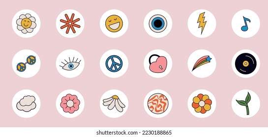 Groovy hippie 70s set. Funny cartoon flower, rainbow, peace, Love, heart, daisy, mushroom etc. Sticker pack in trendy retro psychedelic cartoon style. Isolated vector illustration. Flower power.