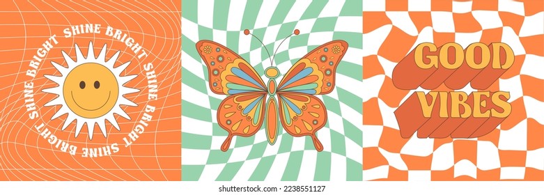 Groovy hippie 70s set. Funny cartoon flower, daisy, BUTTERFLY, SUN etc. Sticker pack in trendy retro psychedelic cartoon style. Isolated vector illustration. good VIBES