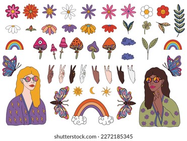 Groovy hippie 70s set. Funny cartoon flower, rainbow, peace, Love, heart, daisy, mushroom etc. Sticker pack in trendy retro psychedelic cartoon style. Isolated vector illustration. Flower power.