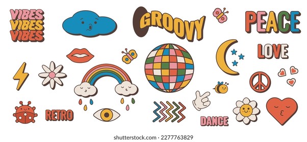 Groovy hippie 70s set. Funny cartoon flower, rainbow, peace, Love, heart, bee, ladybug. Sticker pack in trendy retro cartoon style. Isolated vector illustration