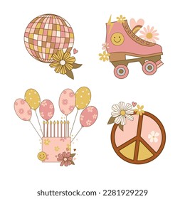 Groovy hippie 70s set. Funny cartoon flower, rainbow, peace, Love, heart, daisy,disco ball. Sticker pack in trendy retro psychedelic cartoon style. Isolated vector illustration. Flower power.
