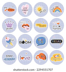 Groovy hippie 70s set. Funny cartoon flower, rainbow, peace, Love, heart, daisy, mushroom etc. Sticker pack in trendy retro psychedelic cartoon style. Isolated vector illustration. Flower power.