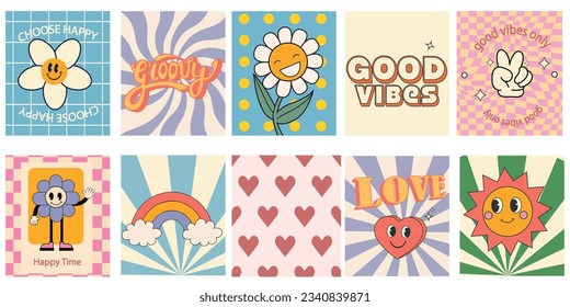 Groovy hippie 70s set. Funny cartoon flower, rainbow, peace, Love, heart, daisy, mushroom etc. Sticker pack in trendy retro psychedelic cartoon style. Flower power. Isolated vector illustration