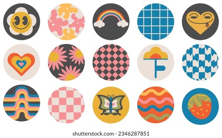 Groovy hippie 70s set. Funny cartoon flower, rainbow, peace, Love, heart, daisy, strawberry etc. Sticker pack in trendy retro psychedelic cartoon style.