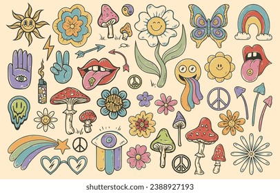 Groovy hippie 70s set. Funny cartoon flower, rainbow, peace, Love, heart, daisy, mushroom. Sticker pack in retro psychedelic cartoon style. Collection of elements for design in funky 60s, 80s style.