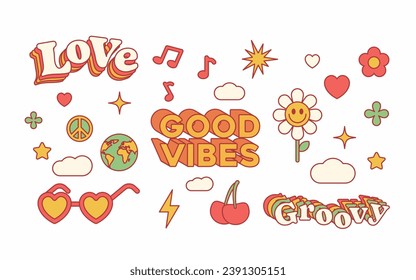 Groovy hippie 70s set. Funny cartoon flower, rainbow, peace, Love, heart, daisy, mushroom etc. Sticker pack in trendy retro psychedelic cartoon style. Isolated vector illustration.