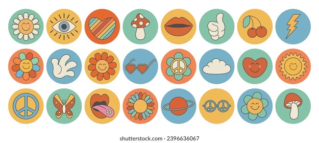 Groovy hippie 70s set. Funny cartoon flower, rainbow, peace, Love, heart, daisy, mushroom etc. Sticker pack in trendy retro psychedelic cartoon style. Isolated vector illustration. Flower power