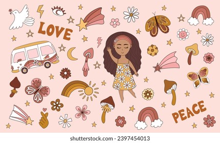 Groovy hippie 70s set. Funny cartoon flower, rainbow, peace, Love, heart, daisy, mushroom. Big collection of trendy retro psychedelic cartoon style elements. Isolated vector illustration.