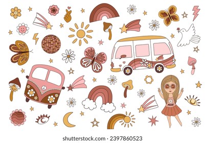 Groovy hippie 70s set. Funny cartoon flower, rainbow, peace, Love, heart, daisy, mushroom. Big collection of trendy retro psychedelic cartoon style elements. Isolated vector illustration.