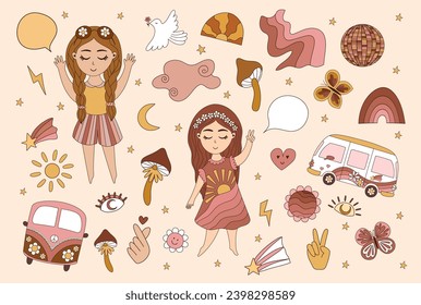 Groovy hippie 70s set. Funny cartoon flower, rainbow, peace, Love, heart, daisy, mushroom. Big collection of trendy retro psychedelic cartoon style elements. Isolated vector illustration.