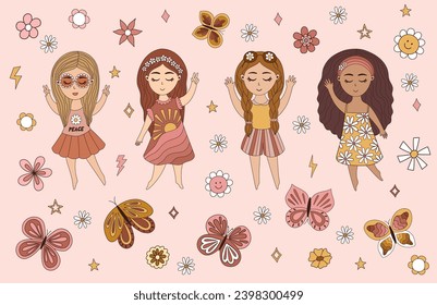 Groovy hippie 70. Graciosas niñas de dibujos animados y flores. Gran colección de elementos de diseño de dibujos animados retro psicodélicos. Ilustración vectorial aislada.