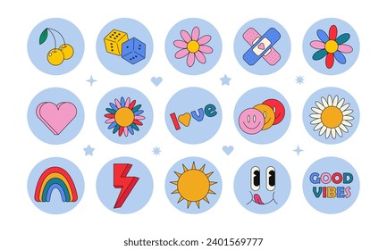 Groovy hippie 70s set. Funny cartoon flower, rainbow, peace, Love, heart, daisy, mushroom etc. Sticker pack in trendy retro psychedelic cartoon style. Isolated vector illustration. Flower power.