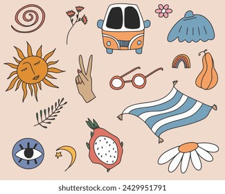 Groovy hippie 70s set. Funny cartoon Stickers pack in trendy retro cartoon style