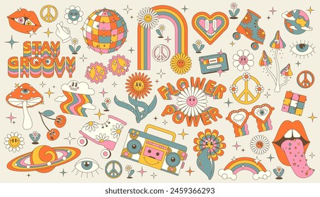 Estupendo conjunto hippie de los 70. Divertida flor de dibujos animados, arco iris, paz, amor, corazón, margarita, hongo, etc. Paquete de pegatinas en estilo de dibujos animados psicodélicos retro de moda. Aislado