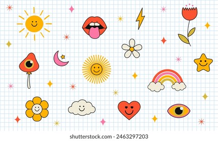 Groovy hippie 70s set. Funny cartoon flower, rainbow, love, heart, daisy, mushroom etc. Sticker pack in trendy retro psychedelic cartoon style. Vector illustration