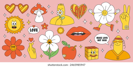 Groovy hippie 70s set. Funny cartoon flower, peace, Love, heart, daisy, mushroom. Sticker pack in trendy retro psychedelic cartoon style. Isolated vector illustration. Flower power.