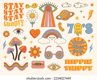 Groovy hippie 70s set of psychedelic elements. Rainbow, mushrooms, eas etc. Retro melting and dripping smiles. Sticker pack in vintage cartoon style. Hippie trippy symbols. Vector clipart