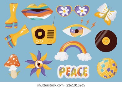 Groovy hippie 70s set. Rainbow with clouds, peace, fly agaric, lips, eye, record, radio, daisy glasses, roller skates, disco ball, butterfly, boots. Trendy retro psychedelic vector illustration. 