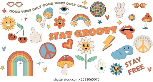 Groovy Hippie 70s Set. sticker pack.Funny cartoon flower, rainbow, peace, Love, heart, daisy, mushroom. Sticker pack in trendy retro psychedelic cartoon style. transparent background