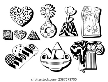 Groovy hippie 70s set. Surreal psychedelic cartoon sticker pack. Groovy flowers and vase, greek sculpture and column, heart. Various retro patches, stickers.