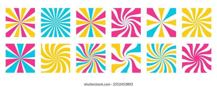 Groovy hippie 70s square vector backgrounds set. Twisted and distorted vector texture in trendy retro psychedelic.