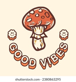 Groovy hippie 70s sticker. Funny cartoon fly agaric or psychedelic mushroom. Sticker in trendy cartoon style 60s. Good vibes. Stay groovy.