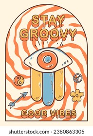 Groovy hippie 70s sticker. Funny cartoon rainbow eye on retro background. Sticker in trendy retro psychedelic cartoon style 60s. Stay trippy. Good vibes. Stay groovy.