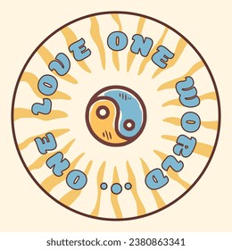 Groovy hippie 70s sticker. Funny cartoon Yin Yang. Sticker in trendy retro psychedelic cartoon style 60s. Good vibes. Stay groovy.